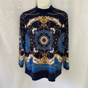 SUSAN GRAVER Baroque Print Liquid Knit Ruched Turtleneck Top